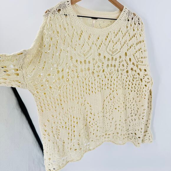 Free People Cream Open Crochet Cotton Sweater Boho Knit Pullover Women’s Size M - Picture 4 of 7